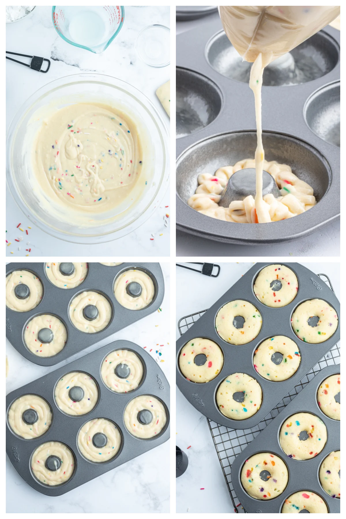 four photos showing how to make cake mix donut recipe