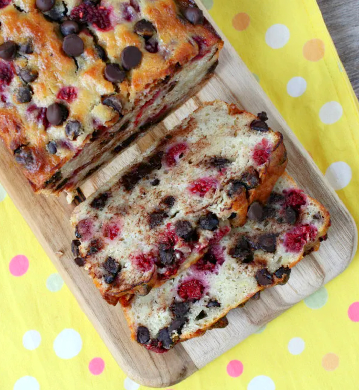 loaf of raspberry dark chocolate banana bread sliced