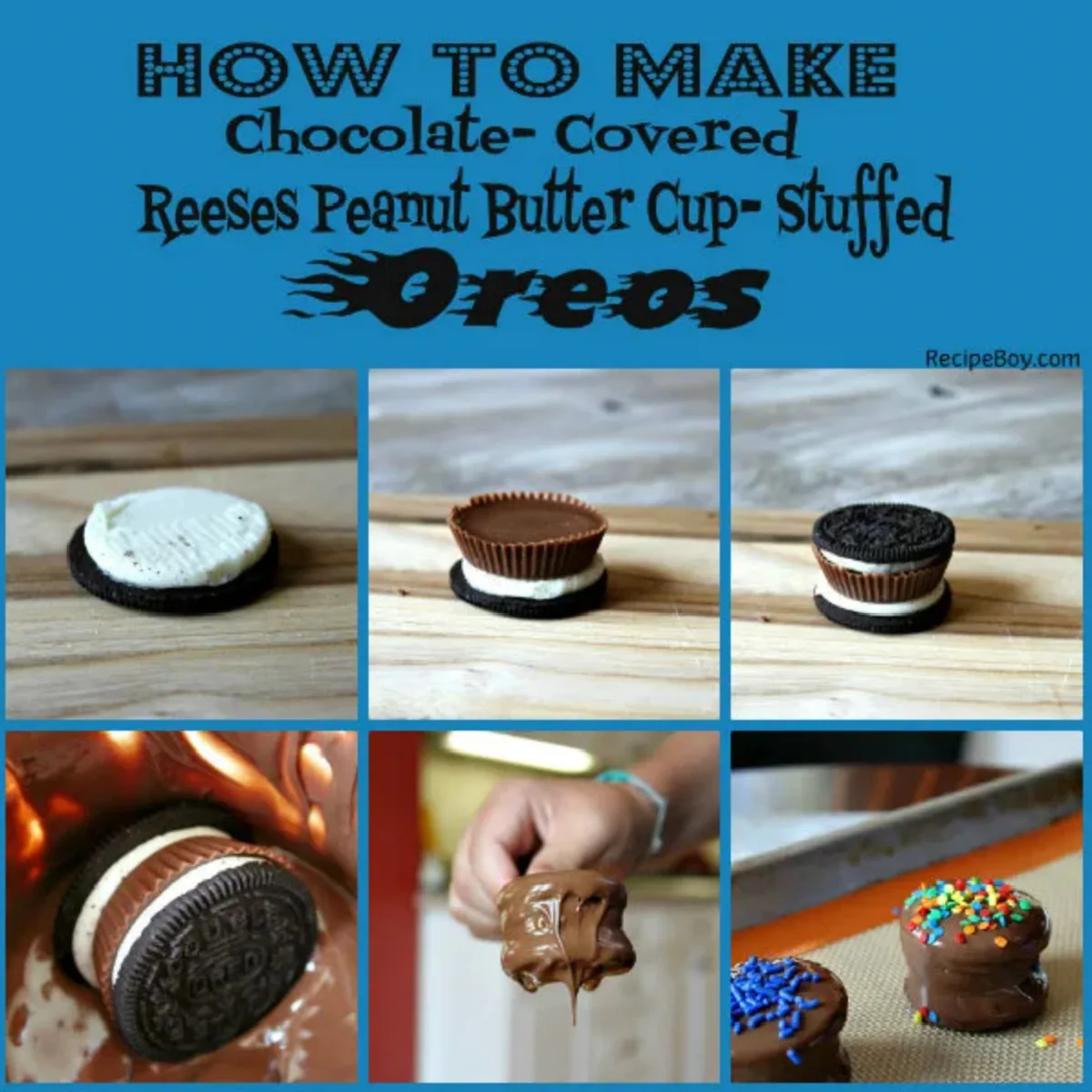 several photo collage showing how to make chocolate dipped peanut butter stuffed oreos