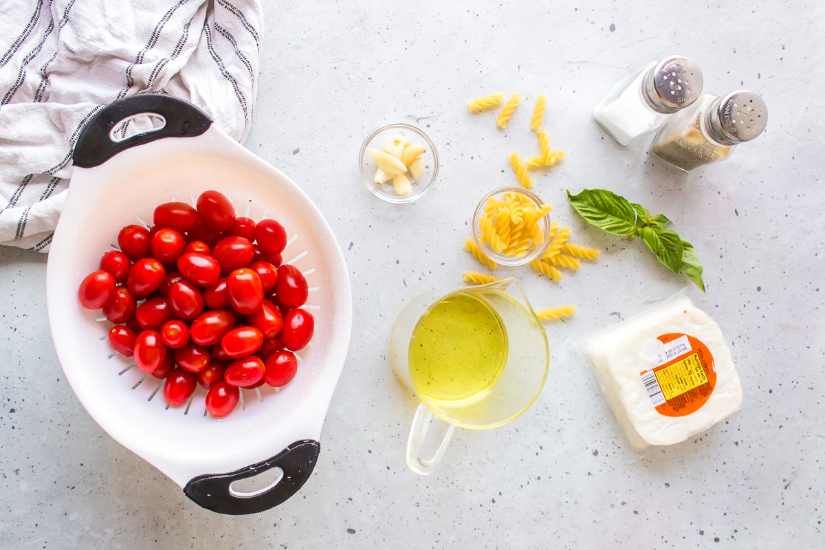 ingredients displayed for making tik tok baked feta pasta