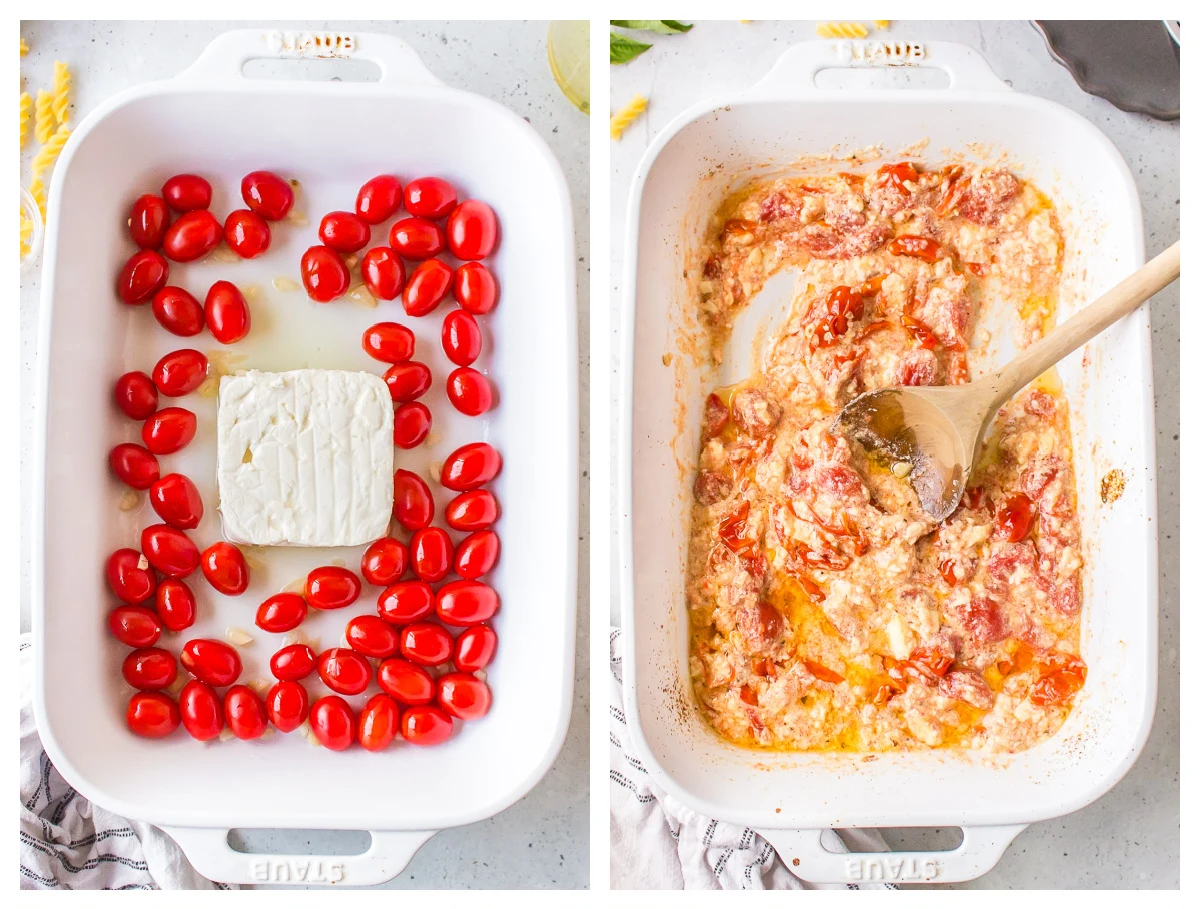 two photos showing process of making tik tok baked feta pasta