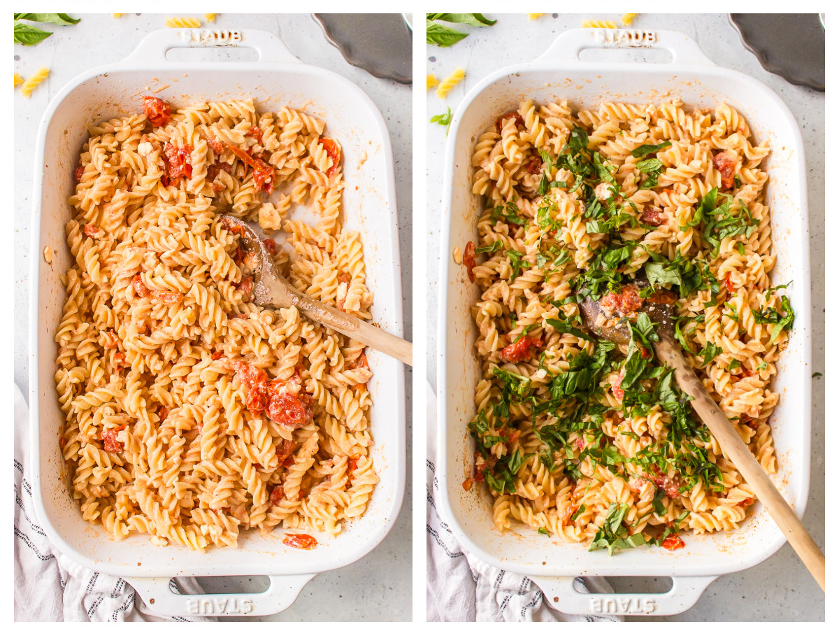 two photos showing tik tok baked feta pasta in baking dish