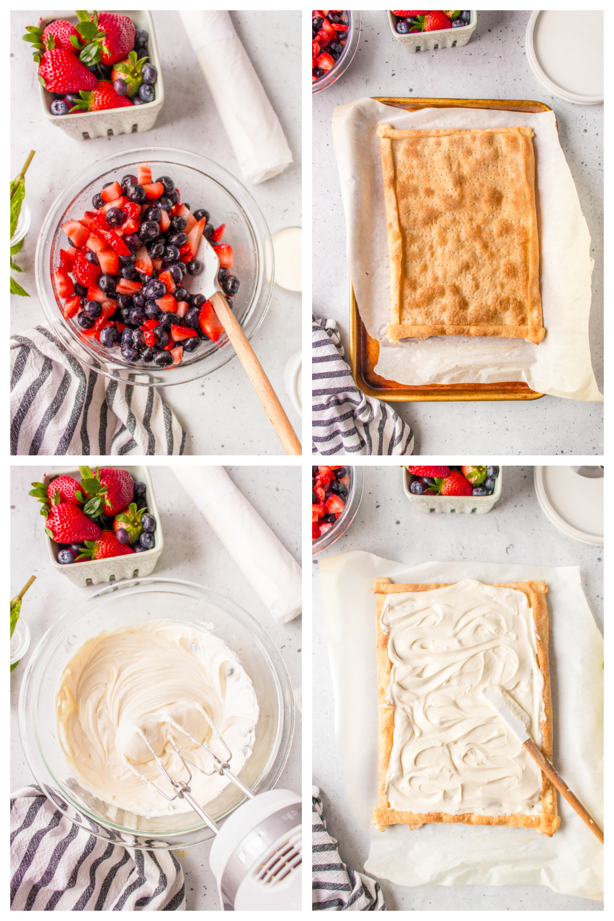 four photos showing how to make berry cheesecake tart