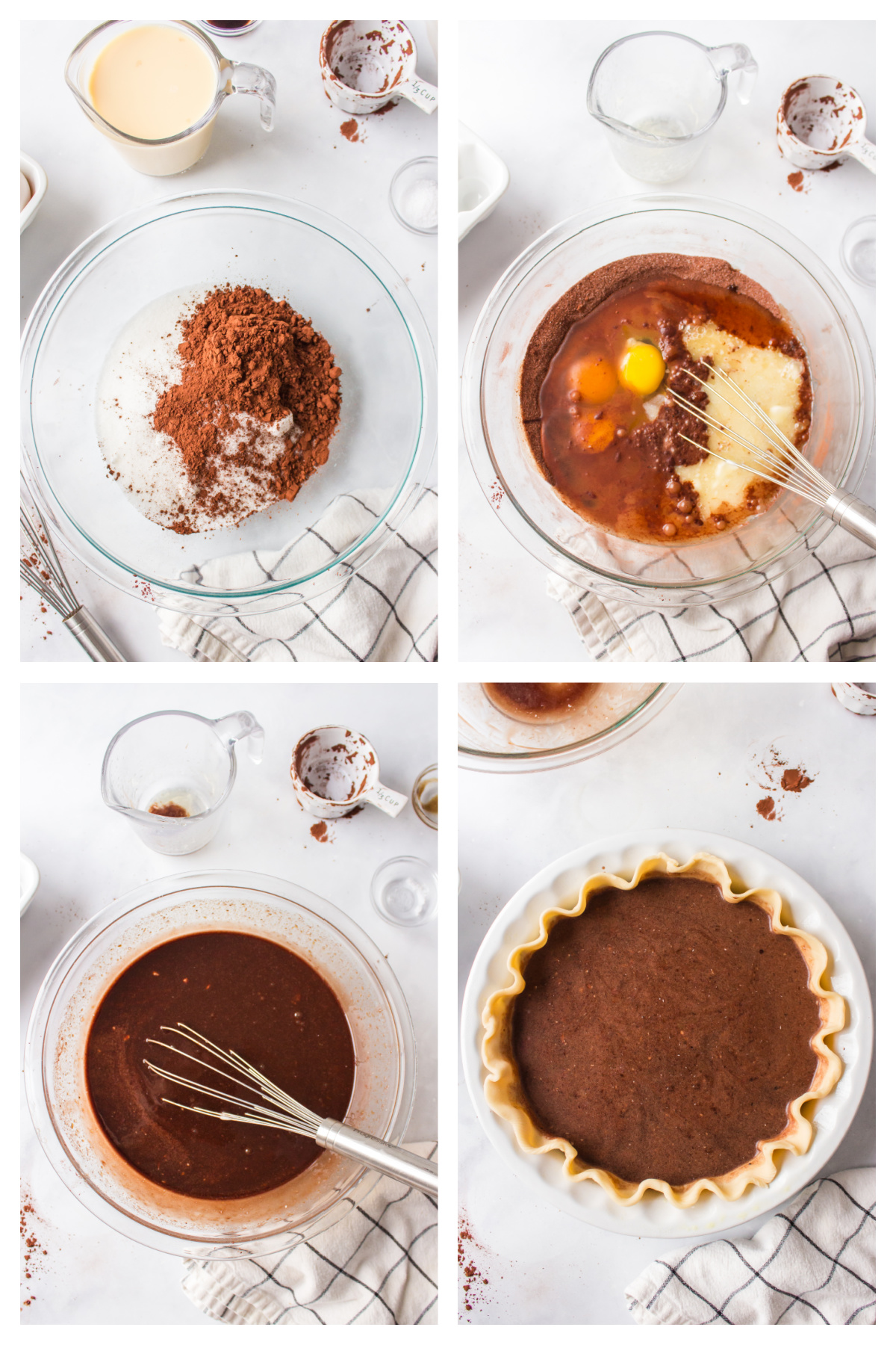 four photos showing how to make chocolate chess pie