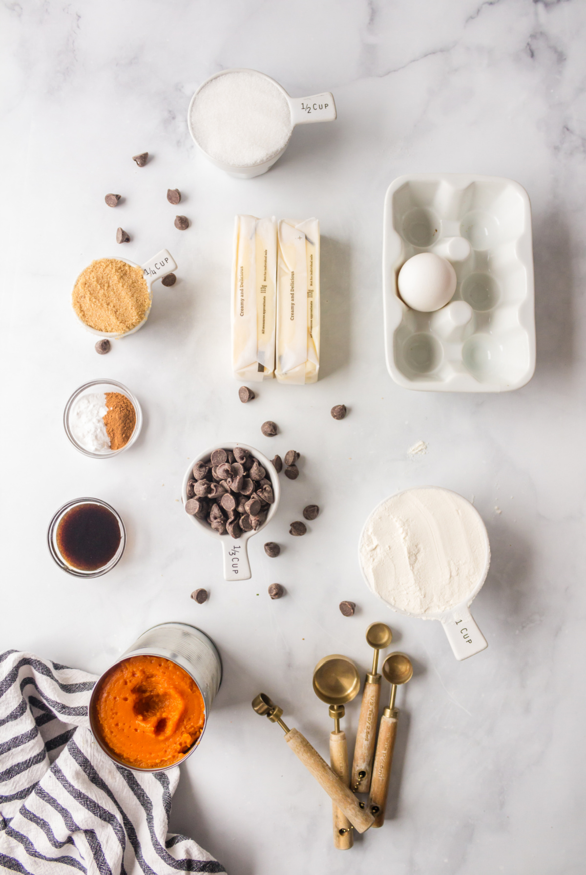 ingredients displayed for making pumpkin chocolate chip cookies