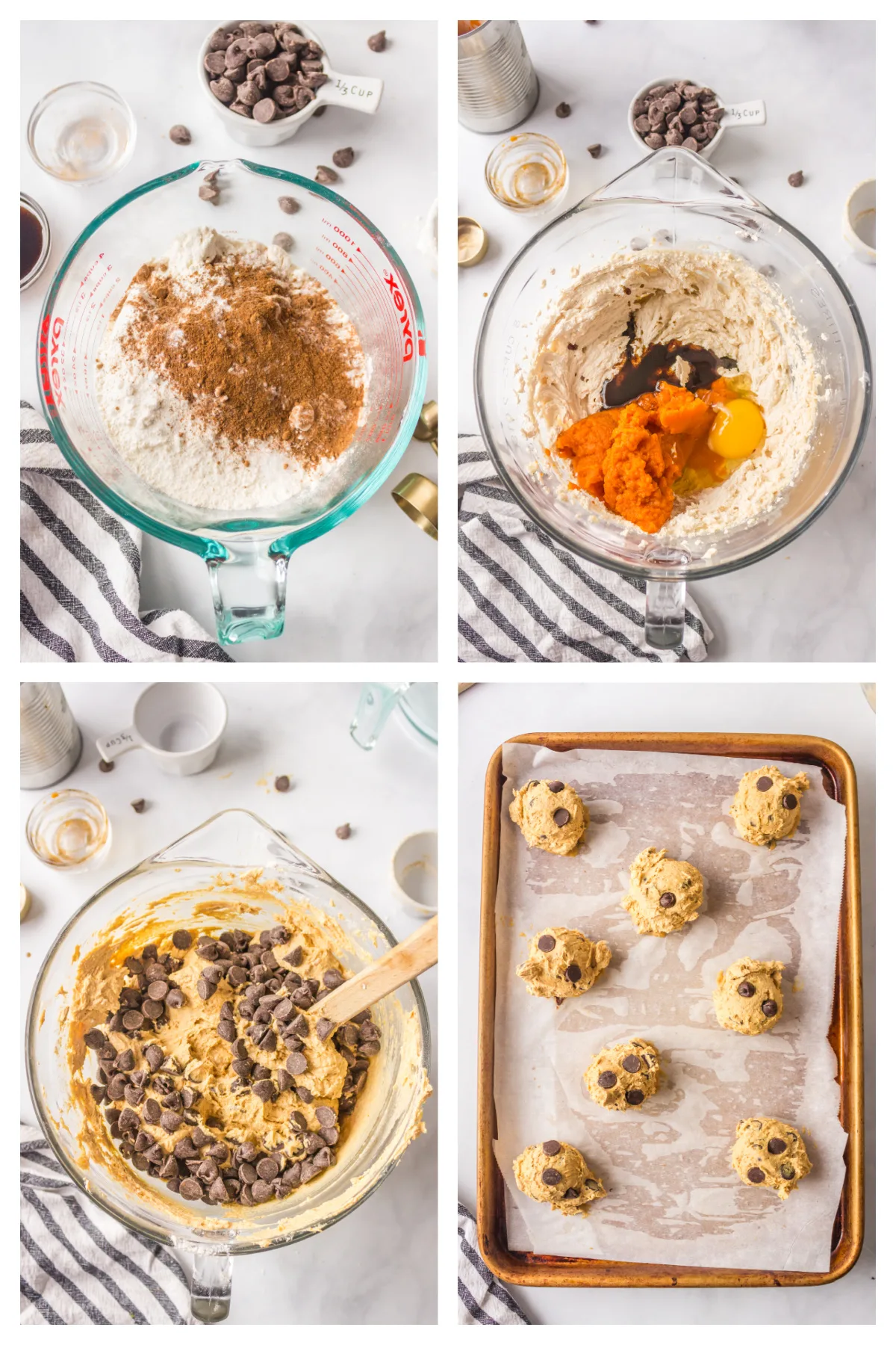 four photos showing how to make pumpkin chocolate chip cookies