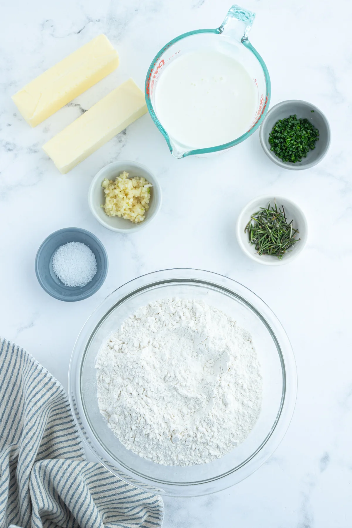 ingredients displayed for making rosemary garlic butter bath biscuits