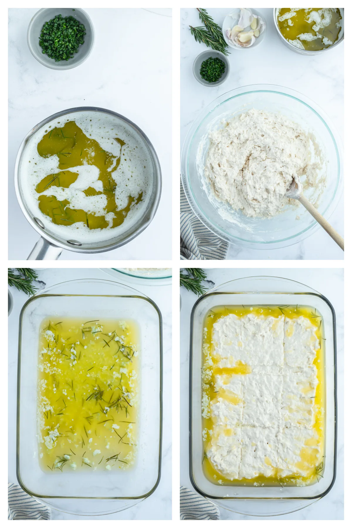 four photos showing how to make rosemary garlic butter bath biscuits