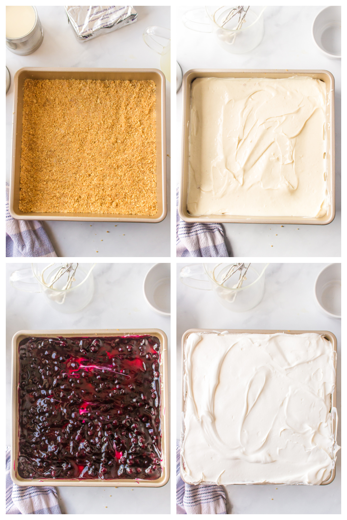 four photos sharing how to make blueberry cream cheese squares