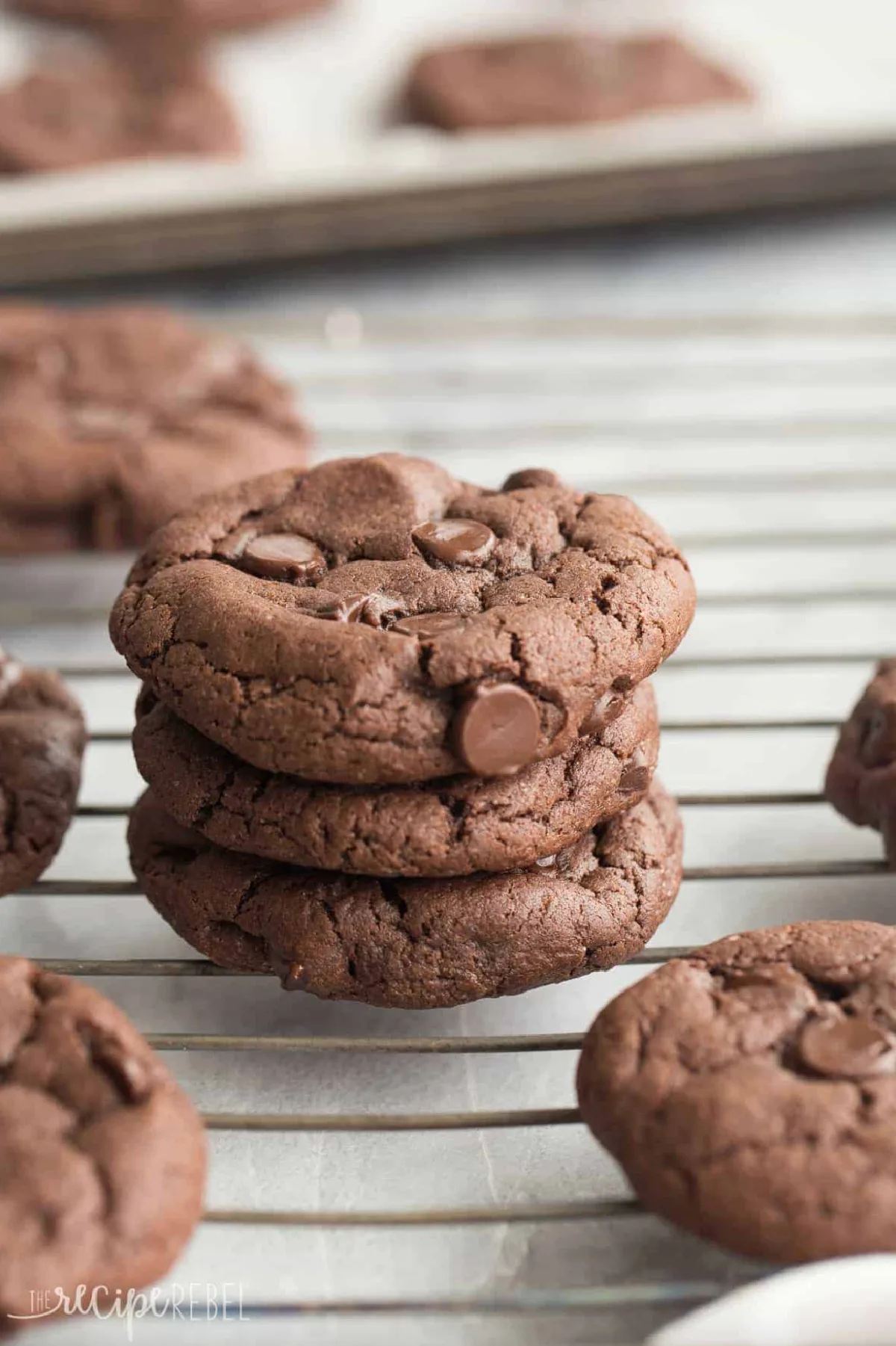 stack of double chocolate cake mix cookies on rack