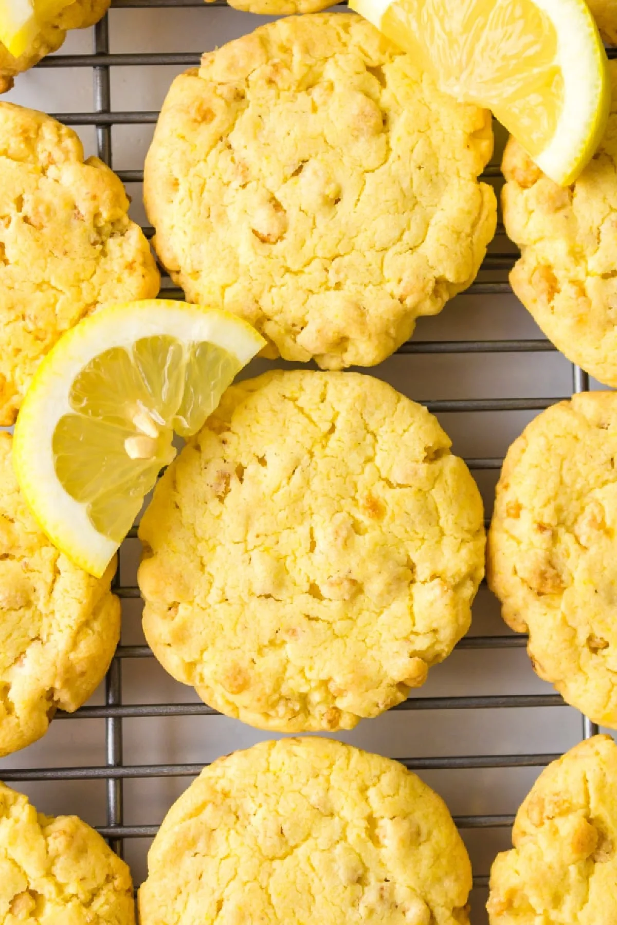 lemon cake mix cookies on a baking rack
