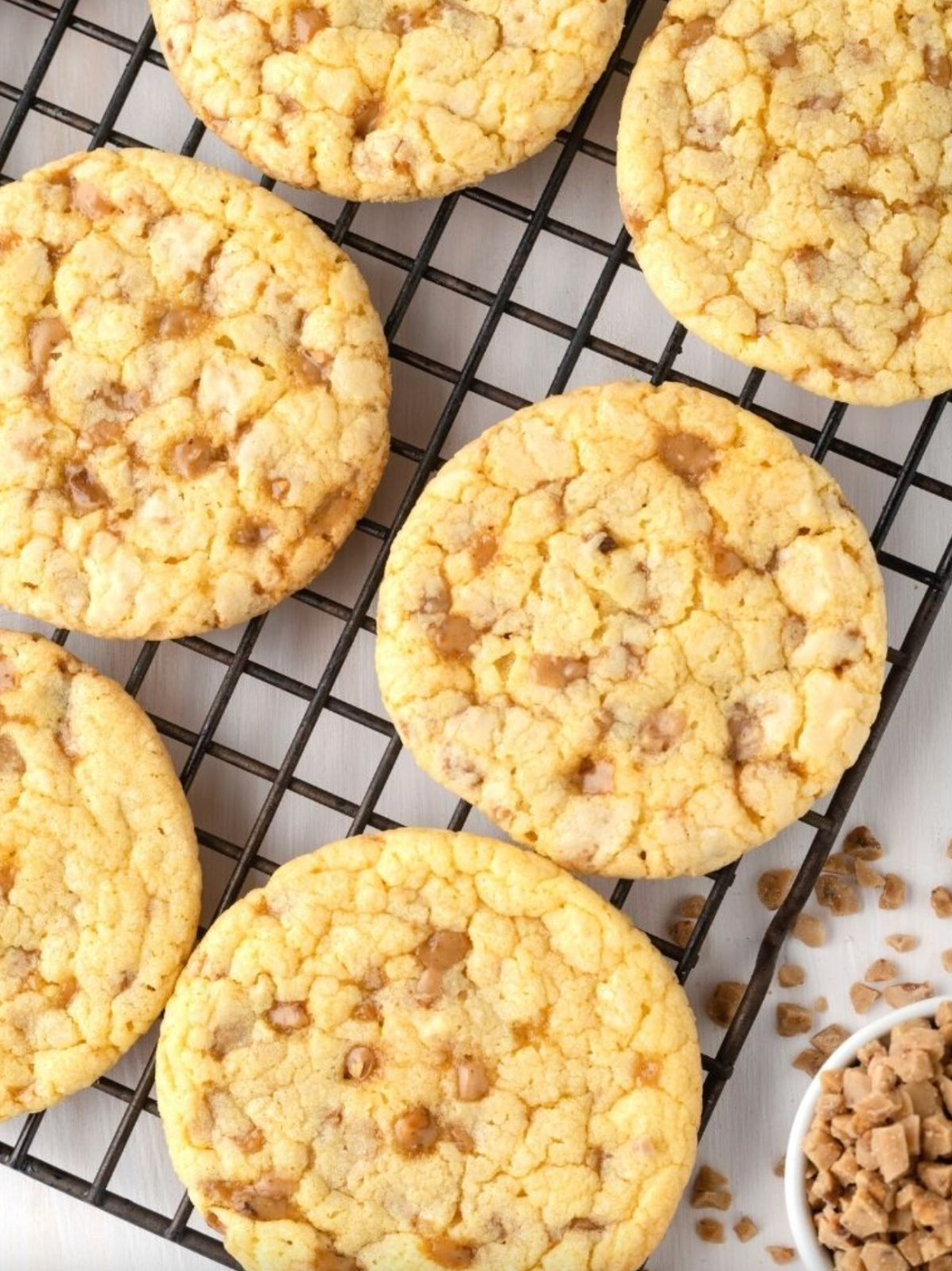 Toffee Cake Mix Cookies on a cooling rack