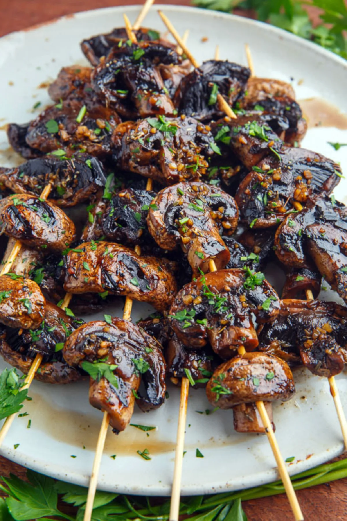 balsamic garlic grilled mushroom kebabs on a plate