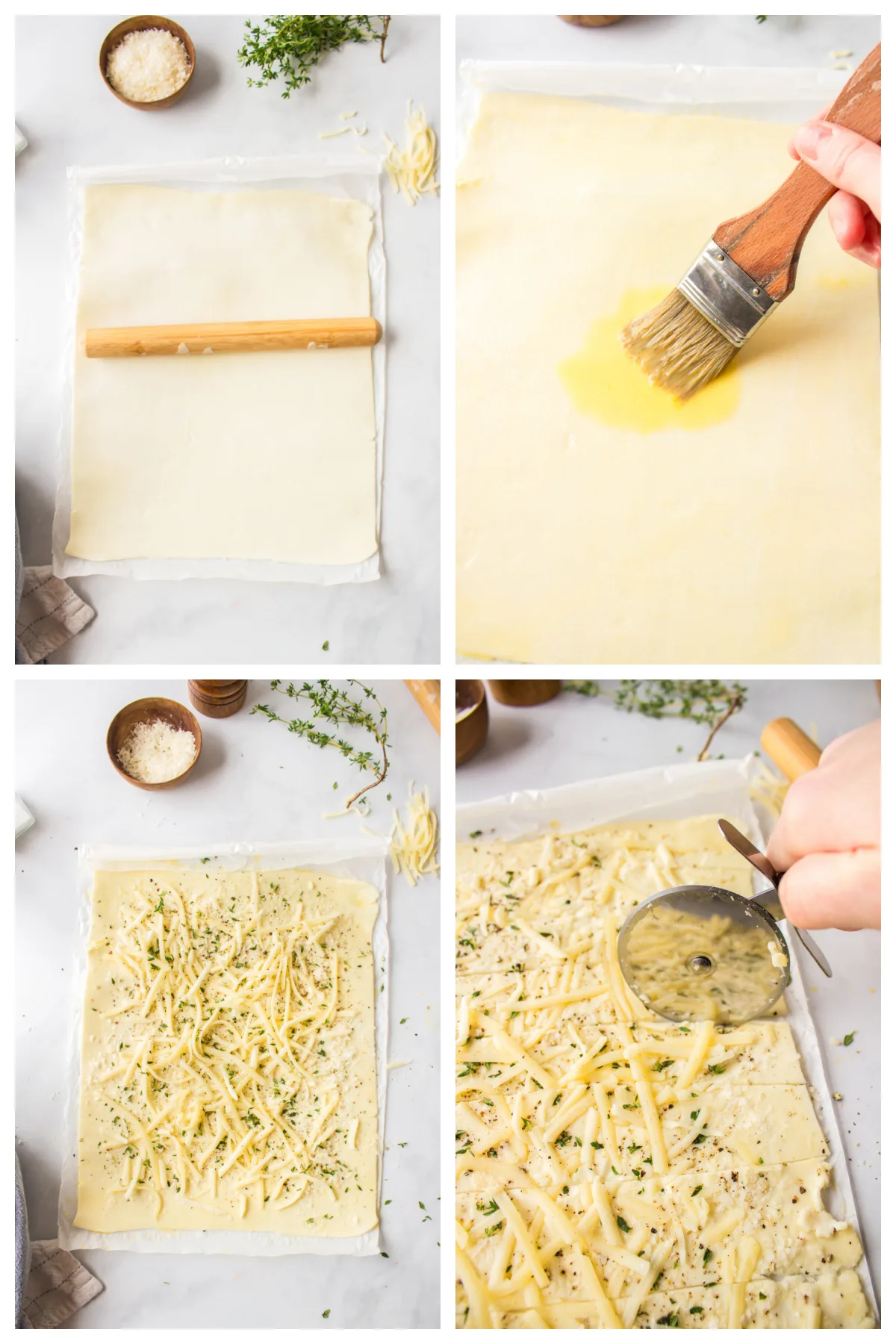 four photos showing how to make cheese straws