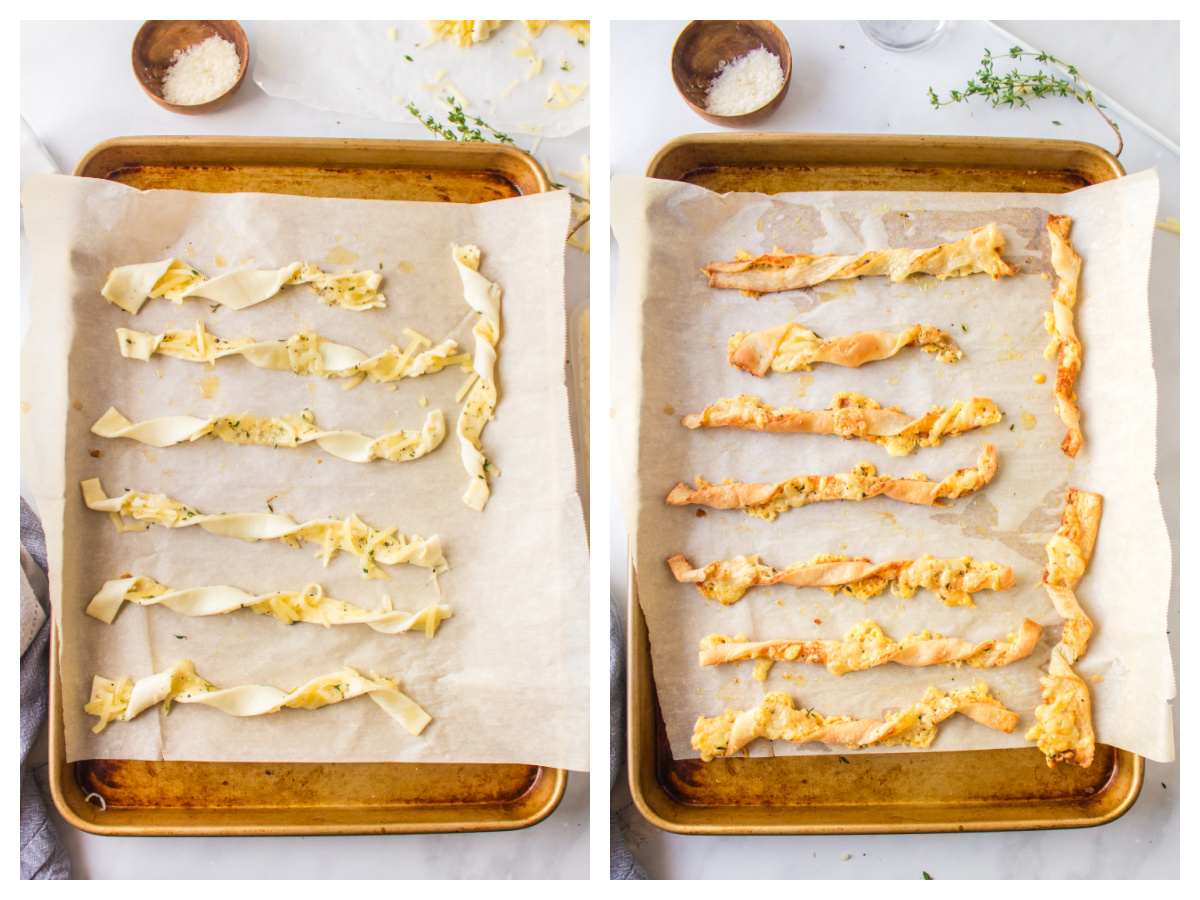 two photos showing cheese straws on baking sheet before and after baking