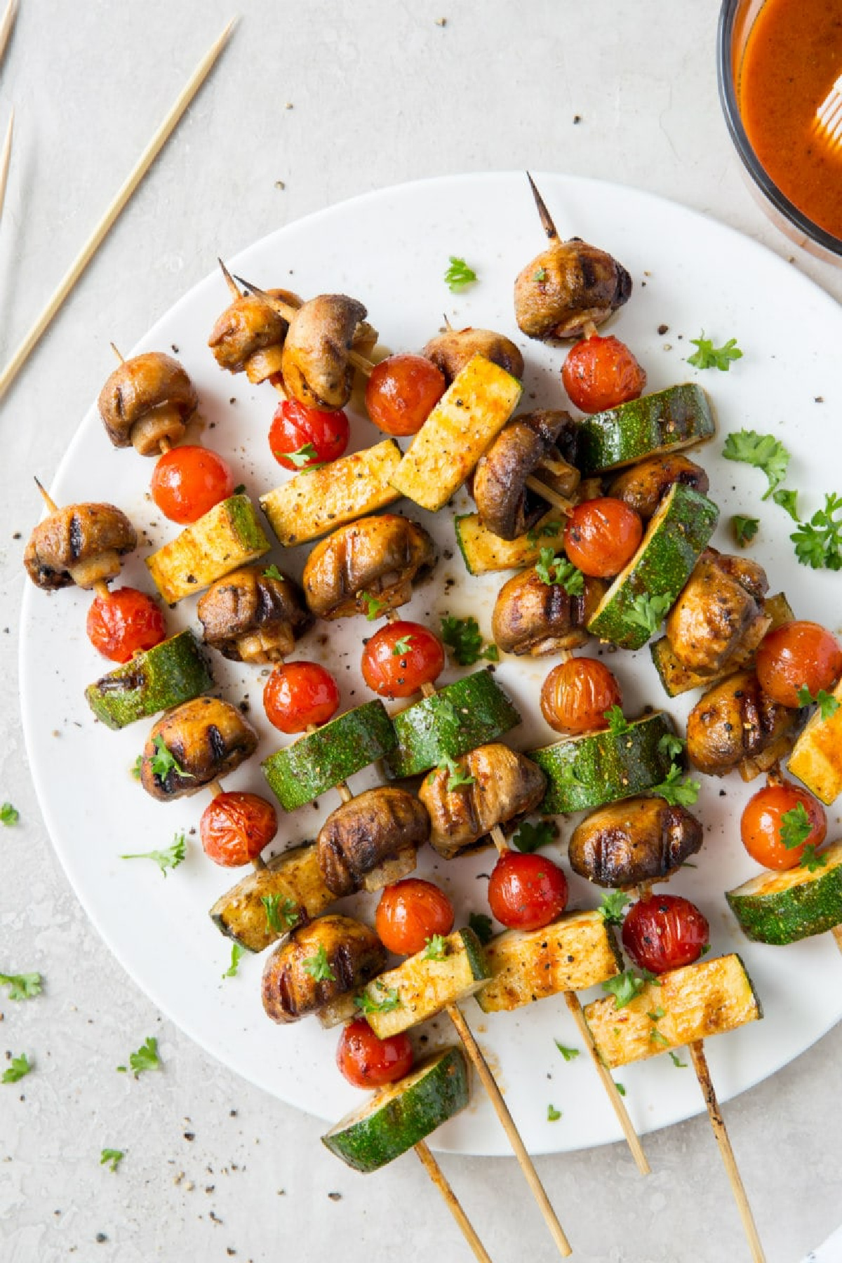 chipotle glazed vegetable kabobs on platter