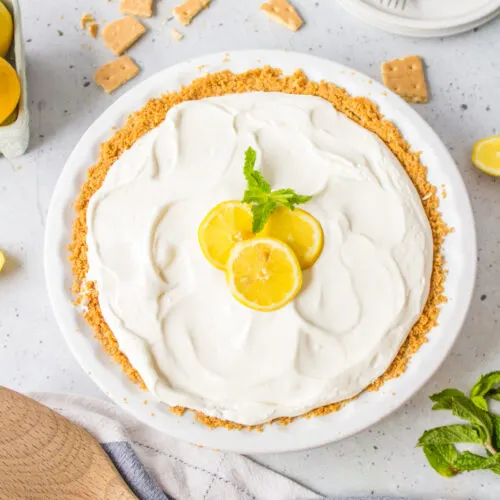 easy lemon pie with fresh lemon garnish