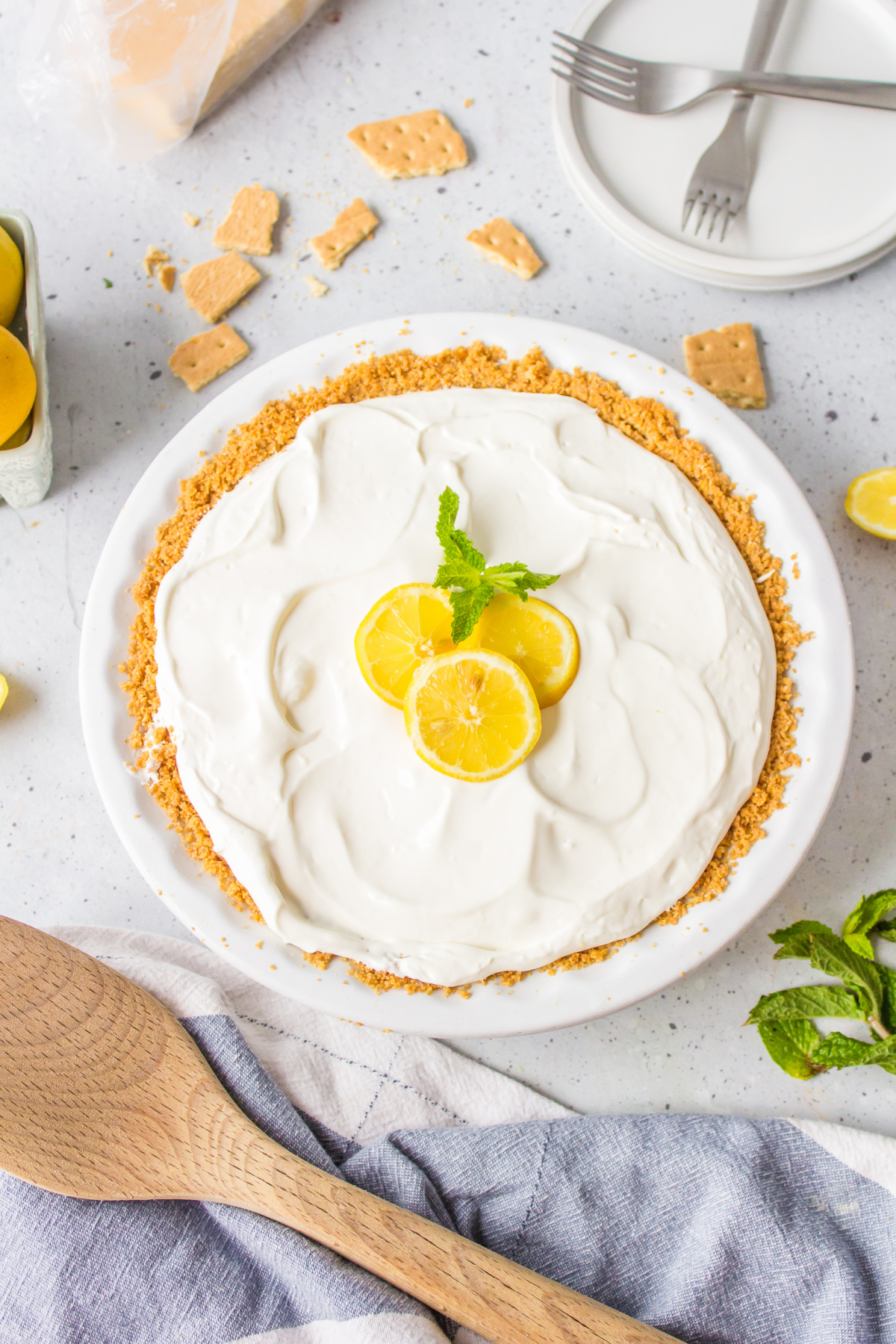 easy lemon pie with fresh lemon garnish