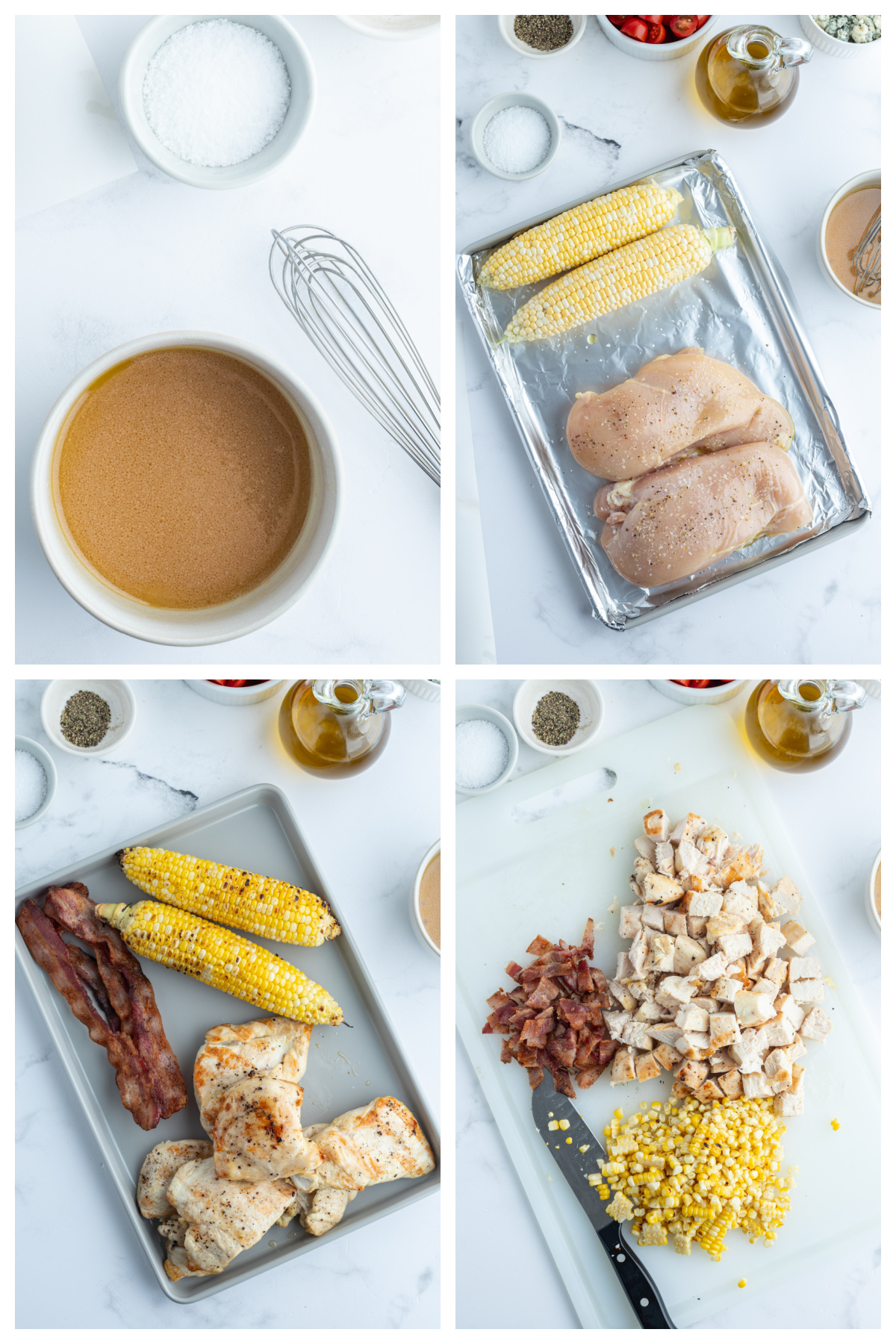 four photos showing how to make grilled cobb salad