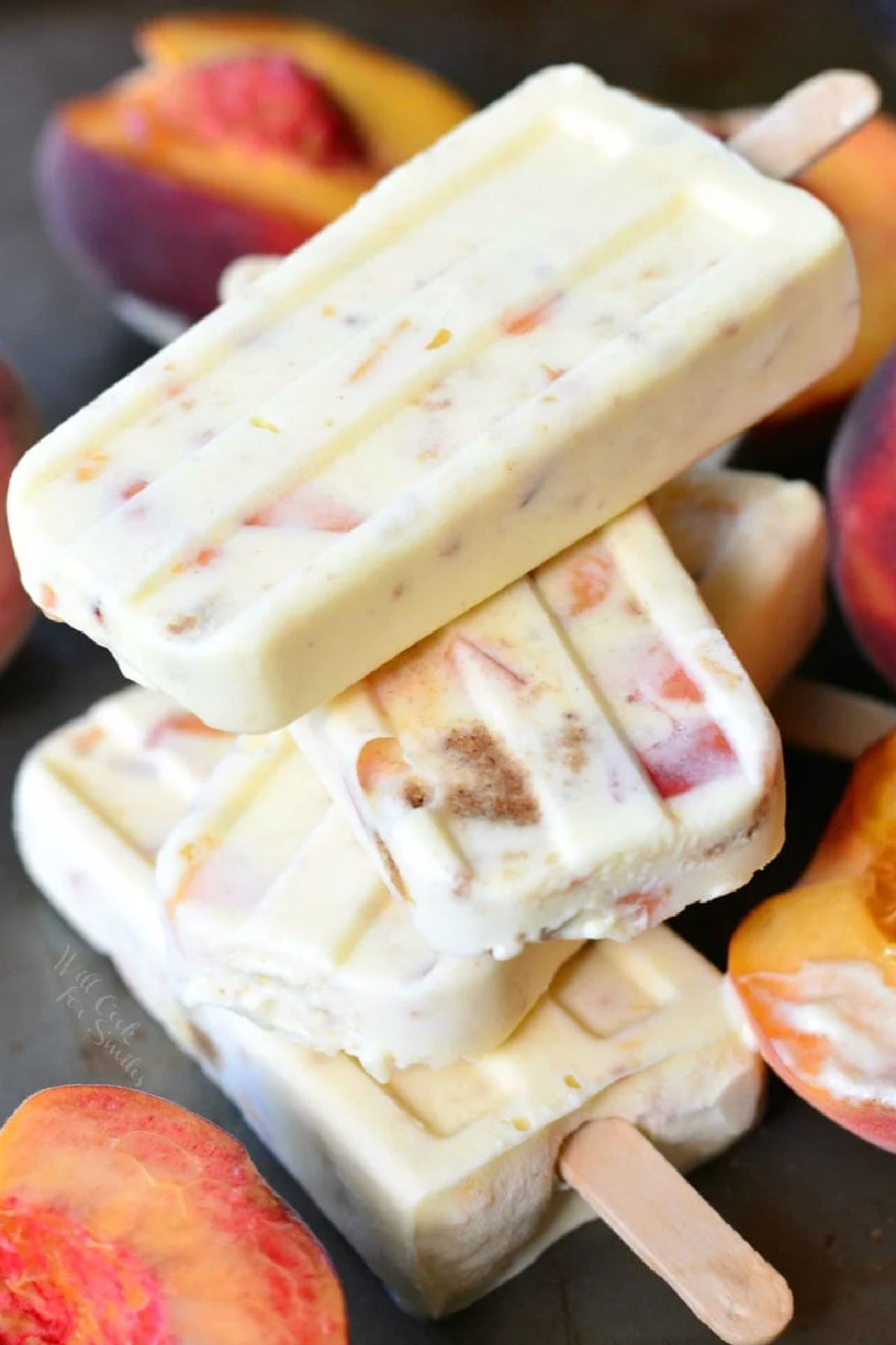 stack of peach cobbler pudding pops