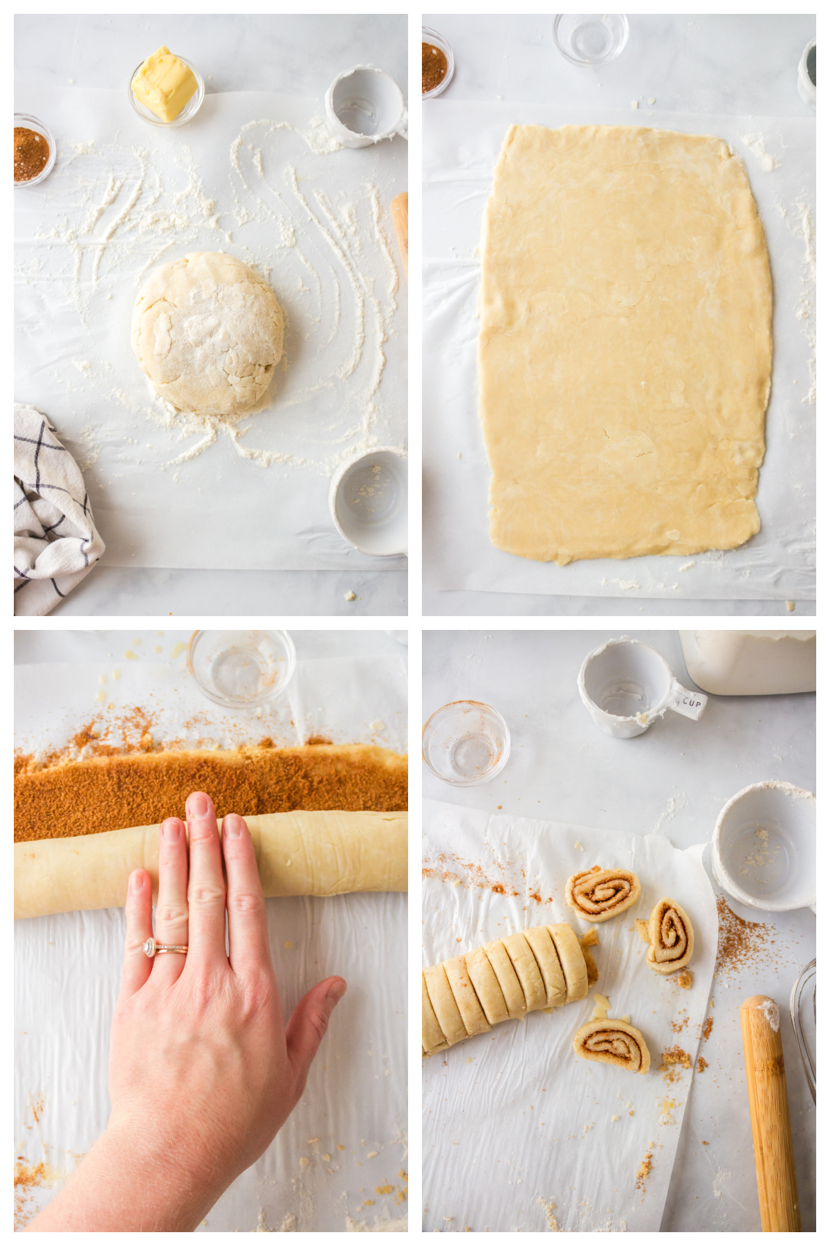 four photos showing how to make pie crust cinnamon roll cookies