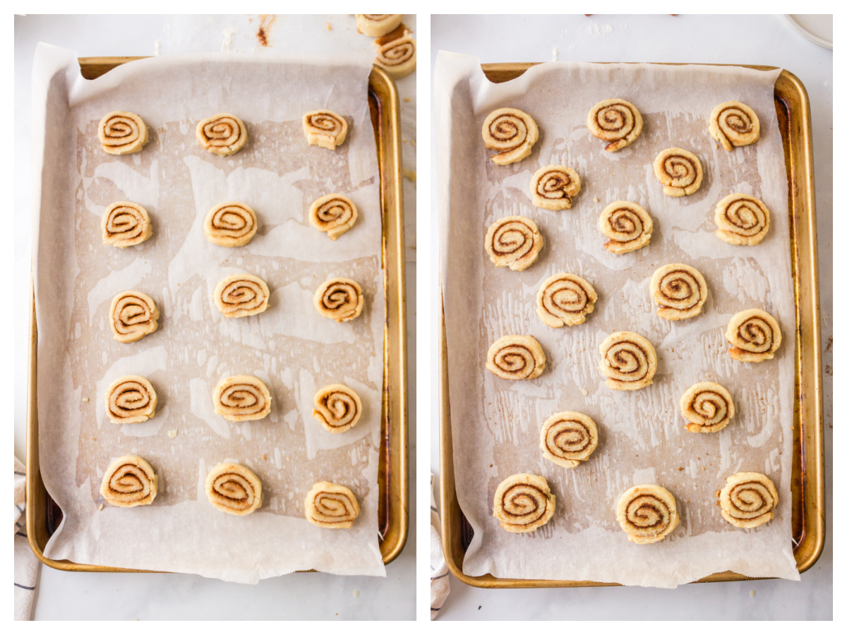 two photos showing pie crust cinnamon roll cookies on a baking sheet and then baked on a baking sheet