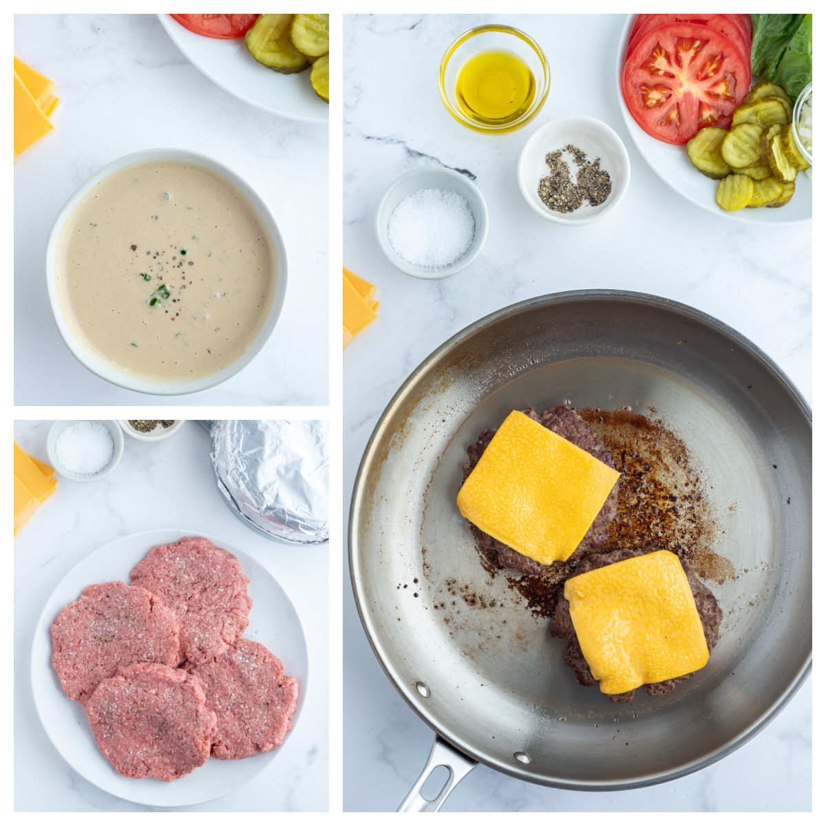three photos showing how to make sauce and smash burger