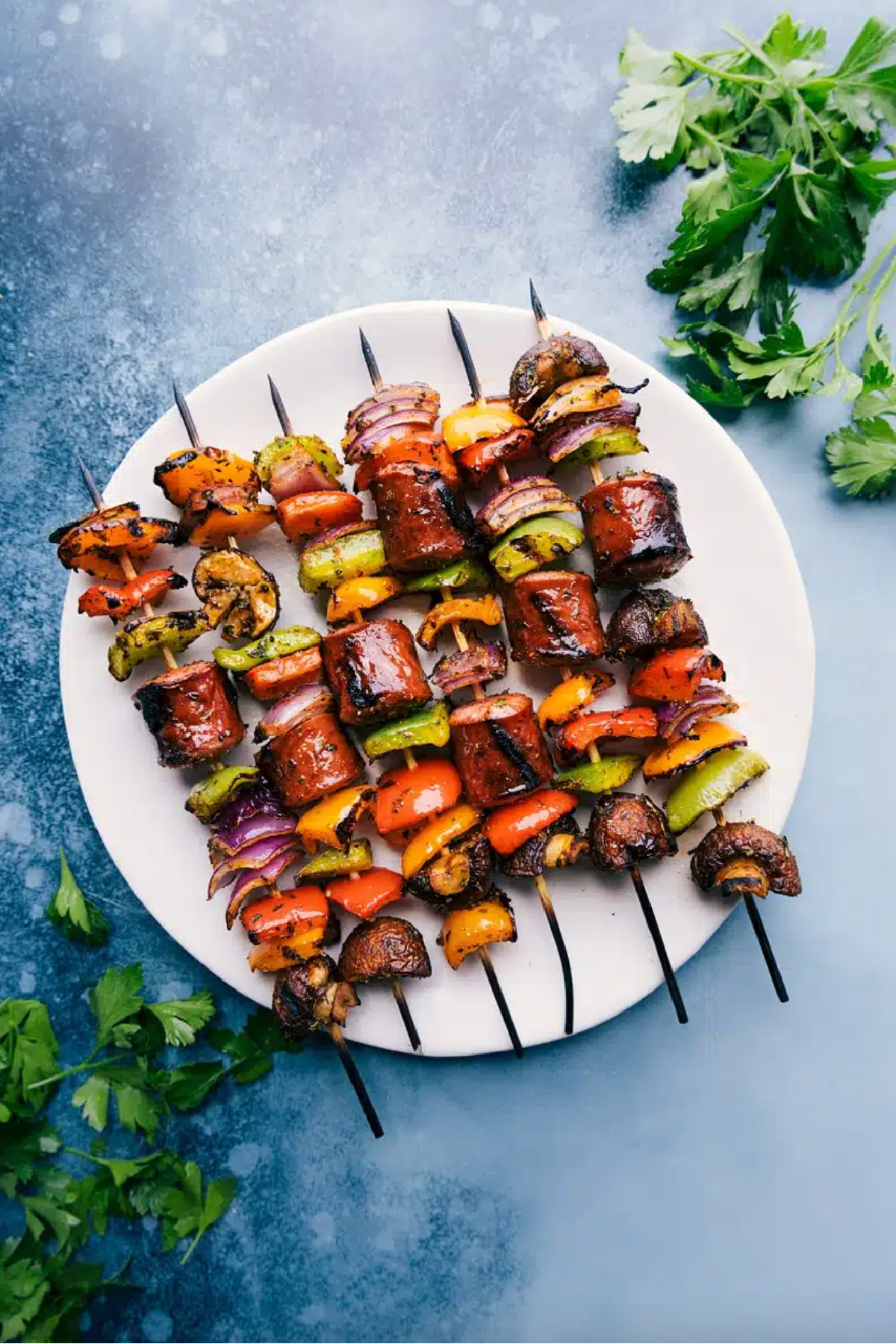 veggie sausage kebabs on a plate