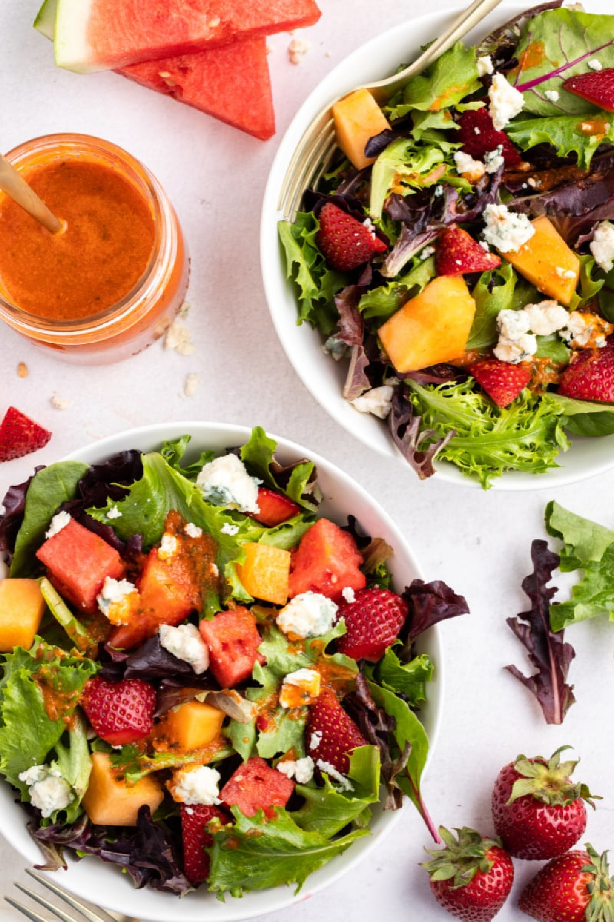 strawberry melon salad in bowls