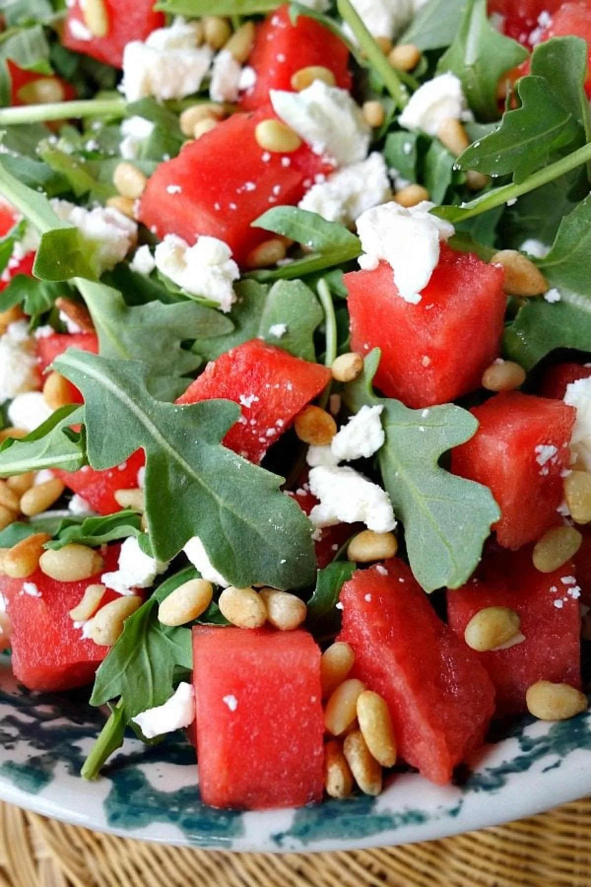 watermelon feta and arugula salad in bowl