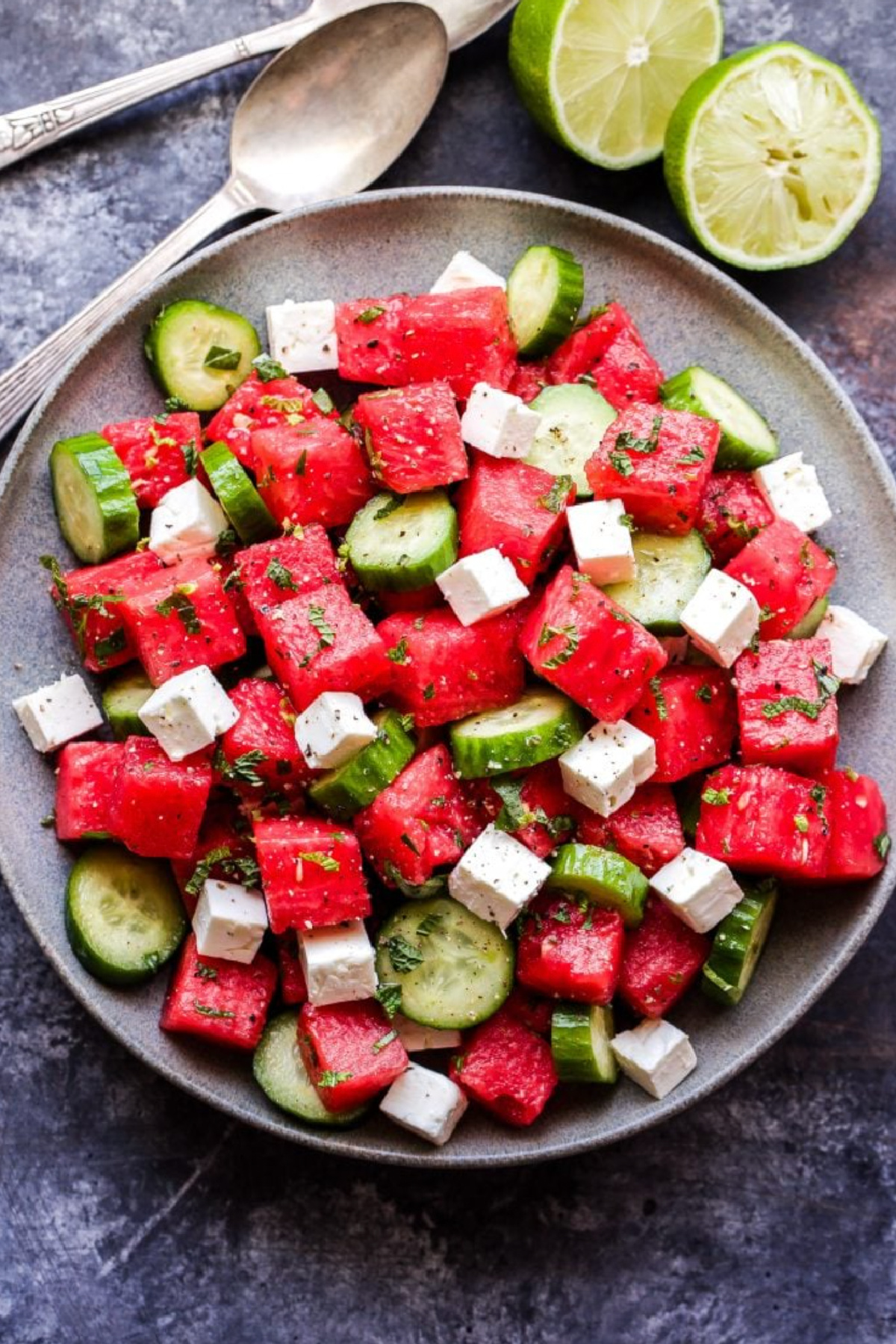 bowl of watermelon salad with cucumber and feta