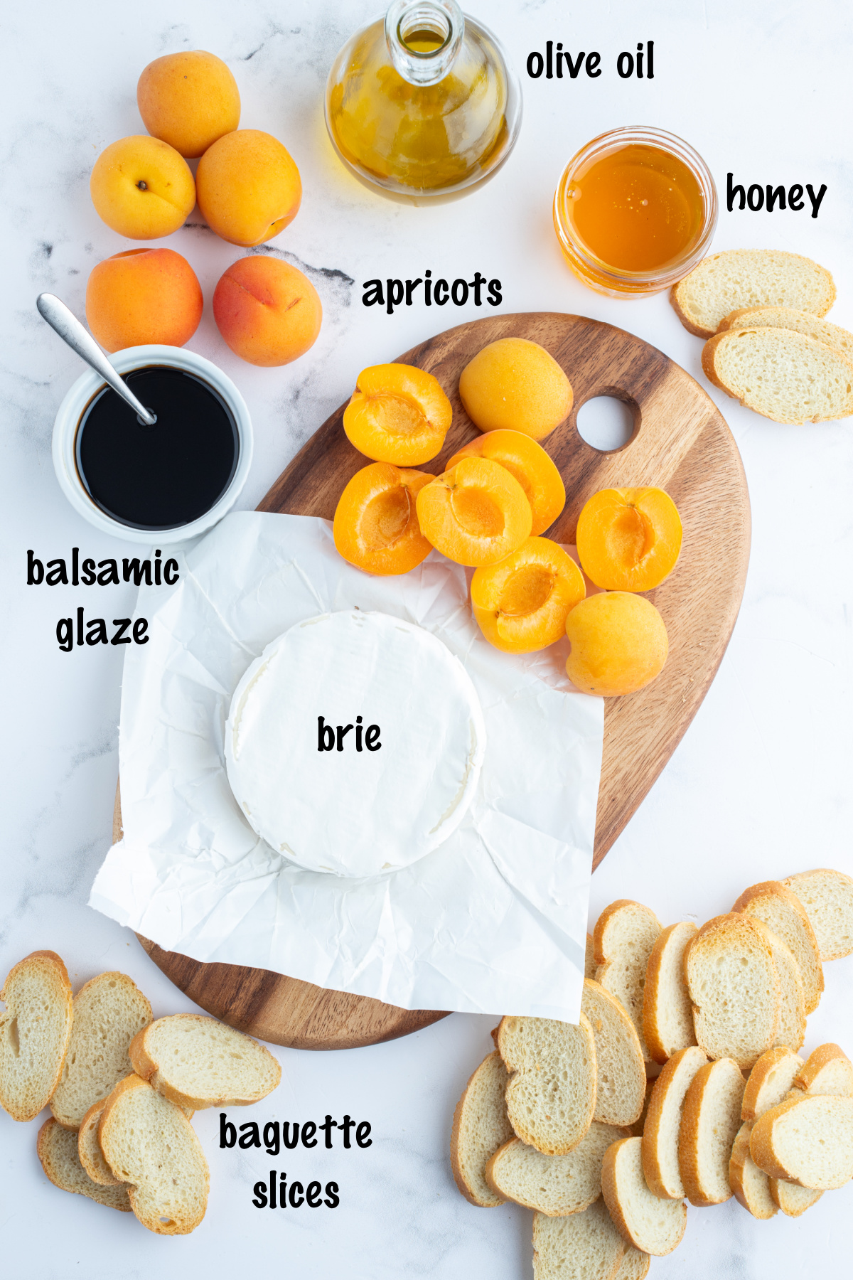 ingredients displayed for making grilled brie with apricots and balsamic glaze