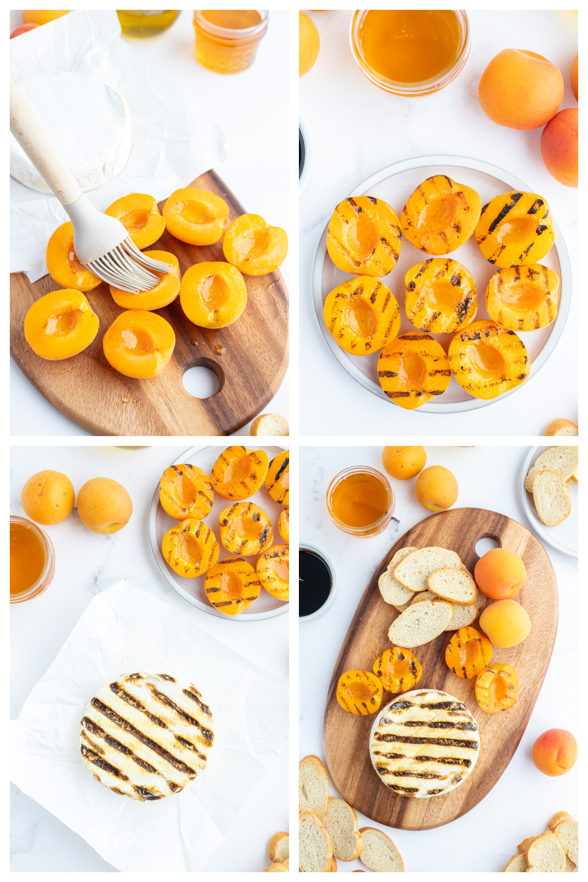 four photos showing how to make grilled brie with apricots and balsamic glaze