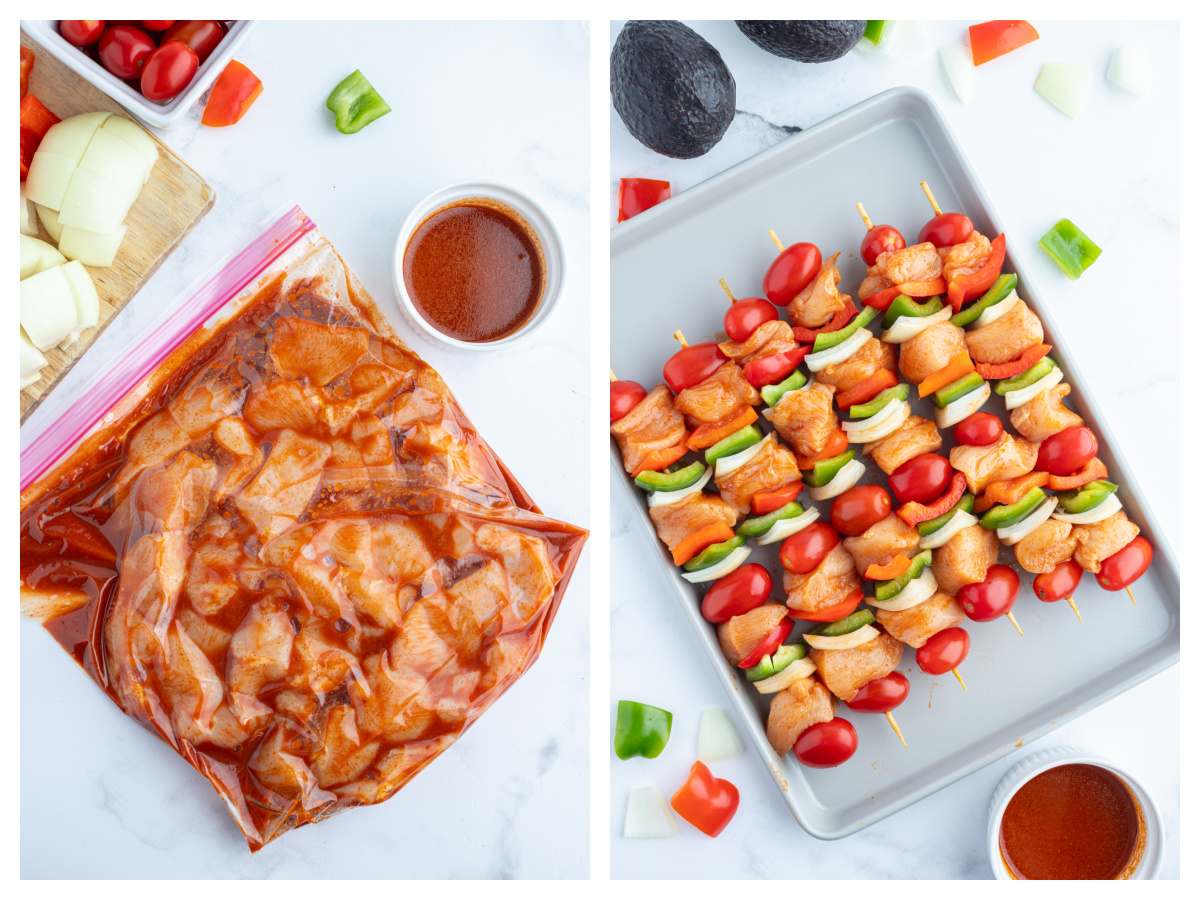 two photos showing chicken marinating in bag and then chicken taco kebabs on platter ready for grill