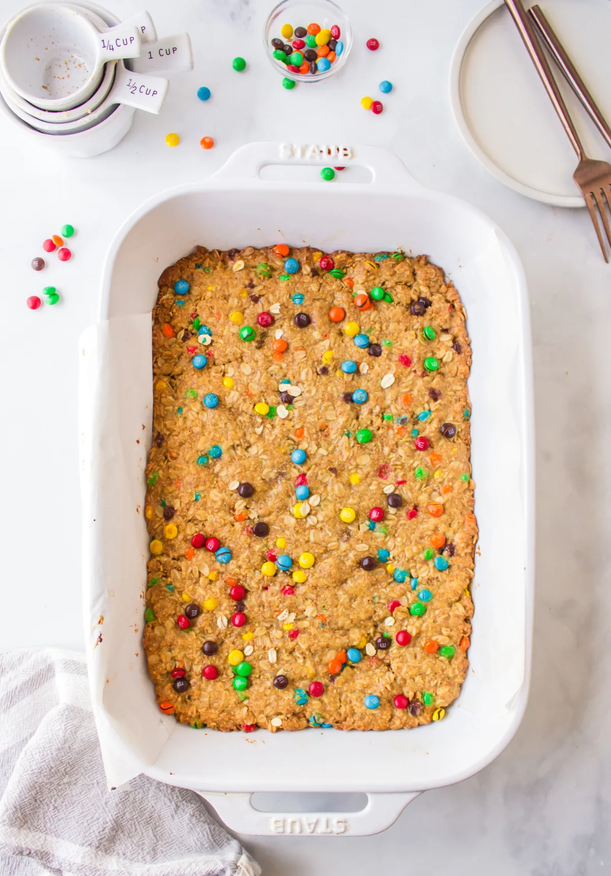 white casserole dish of M&M granola bars