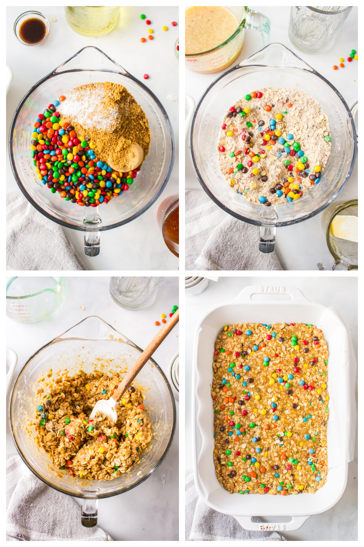 four photos sharing how to make M&M Granola Bars