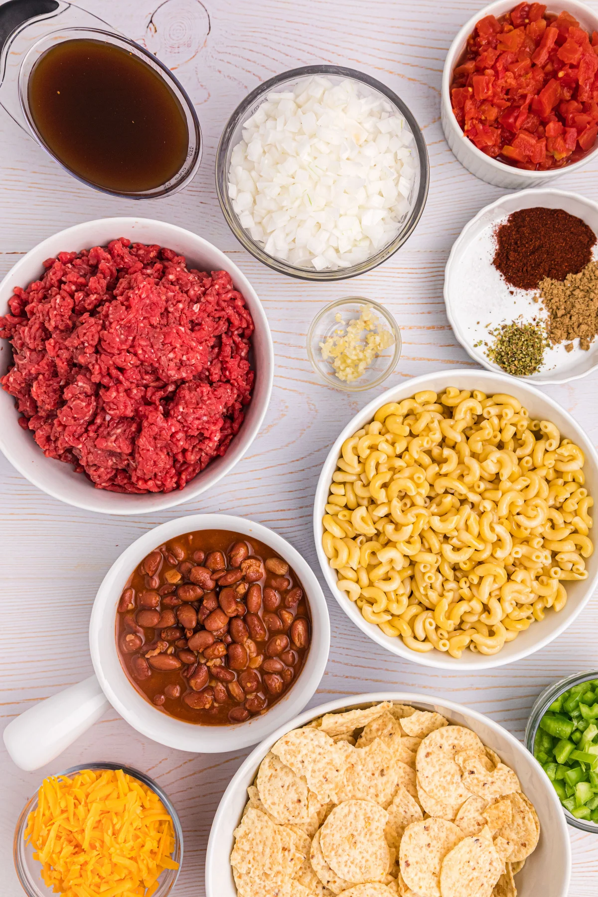 ingredients displayed for making beef chili mac