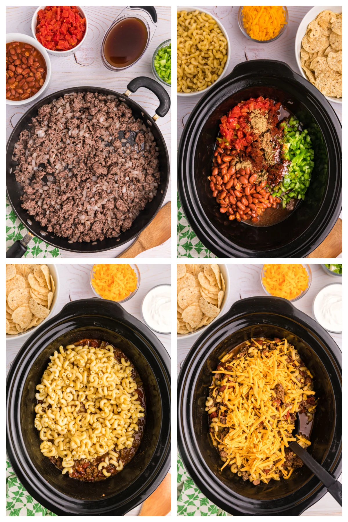 four photos showing how to make beef chili mac in slow cooker