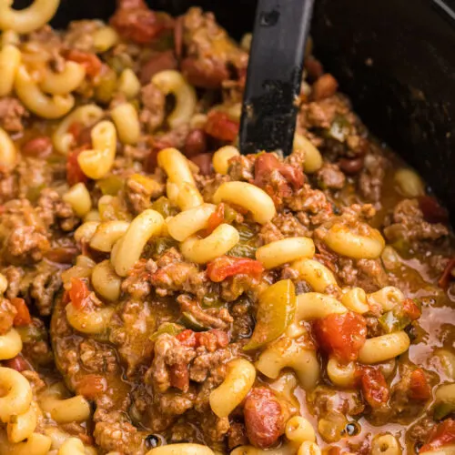 slow cooker full of beef chili mac