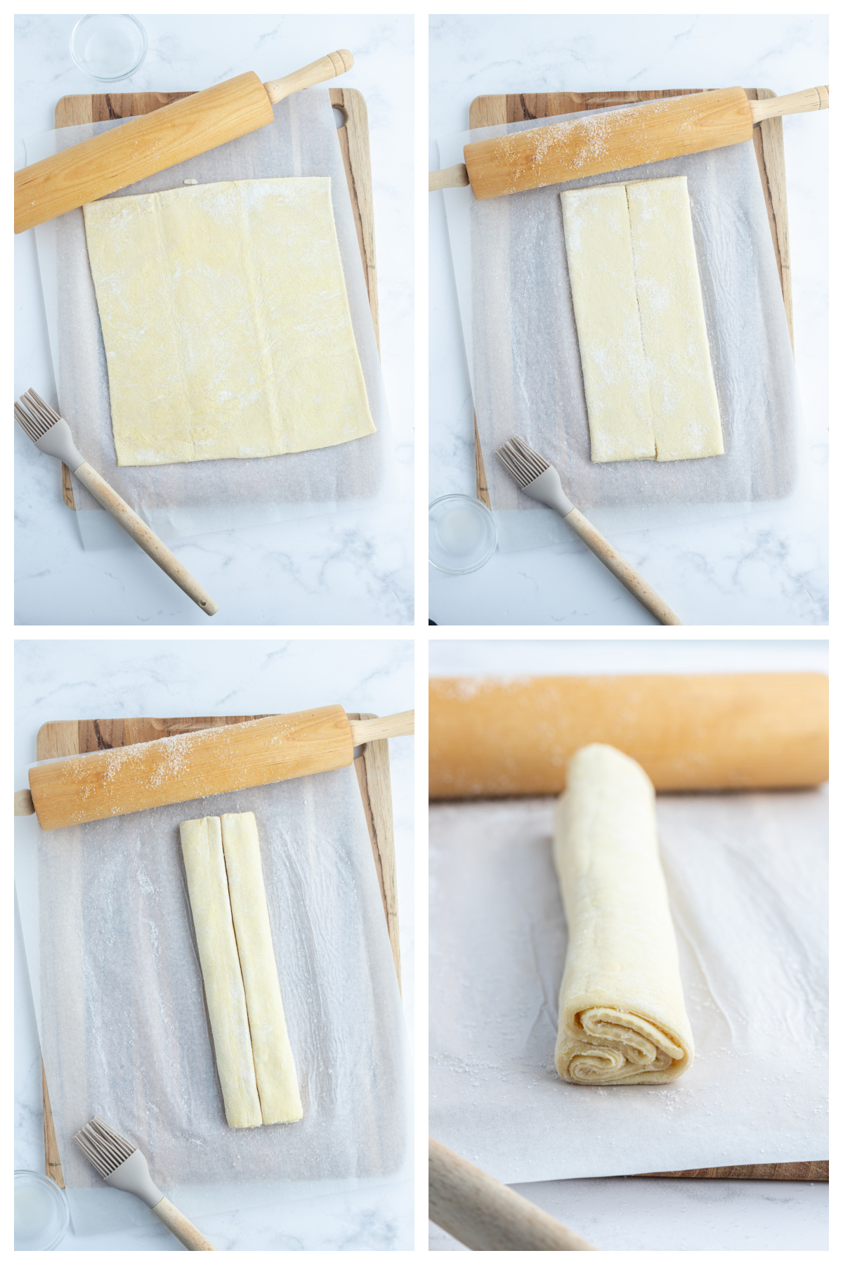 four photos showing how to make palmier cookies