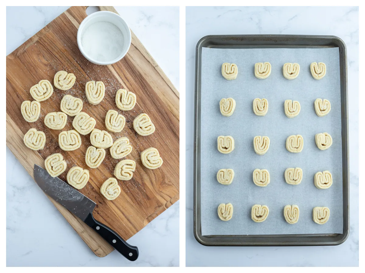 two photos showing cut palmiers and then placed on baking sheet