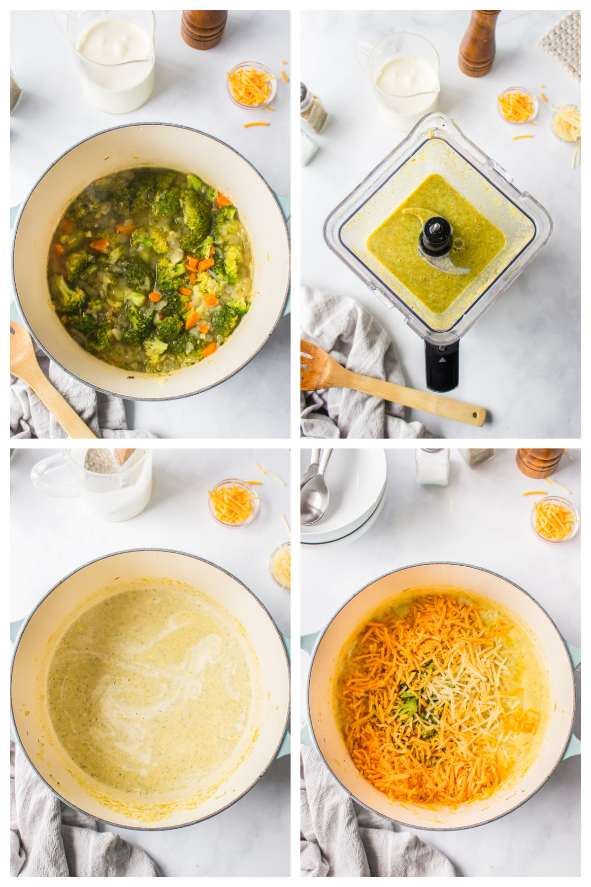 four photos showing how to make 20 minute broccoli cheese soup