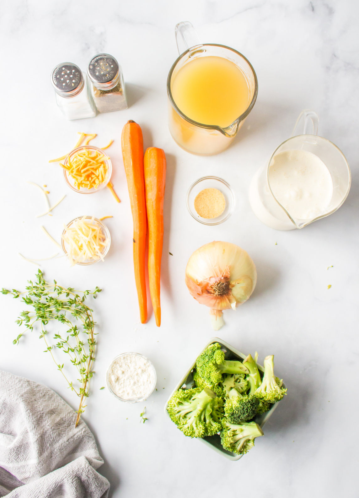 ingredients displayed for making broccoli cheese soup