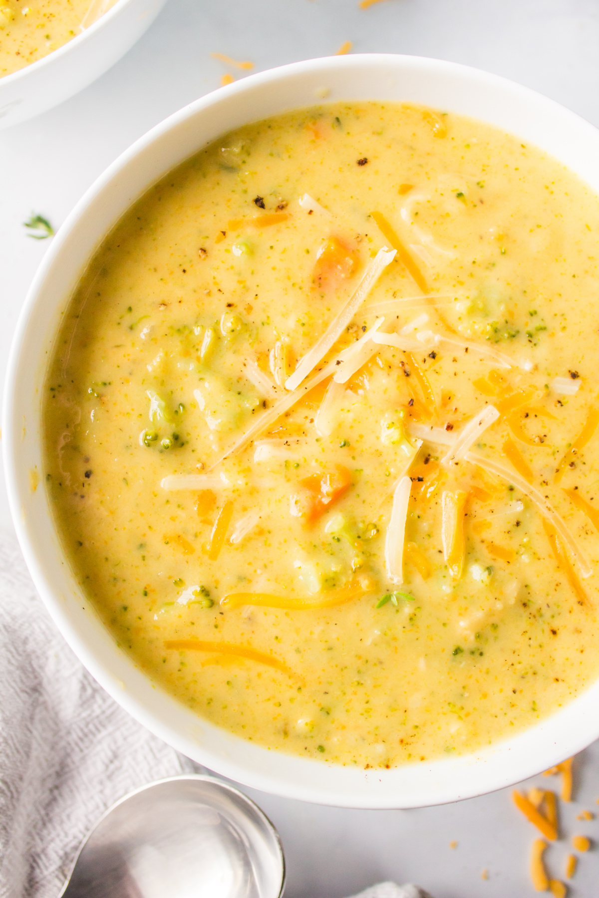 close up overhead of broccoli cheese soup