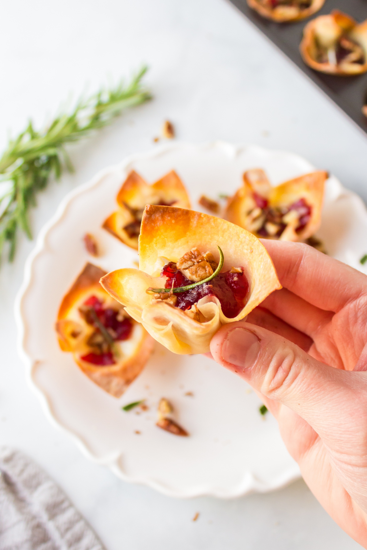 hand holding cranberry brie bite appetizer