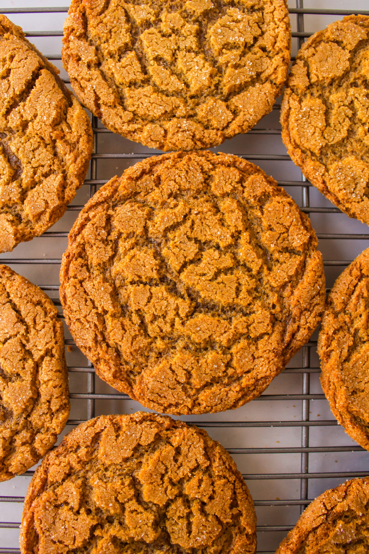 crackle top molasses cookies on a cooling rack