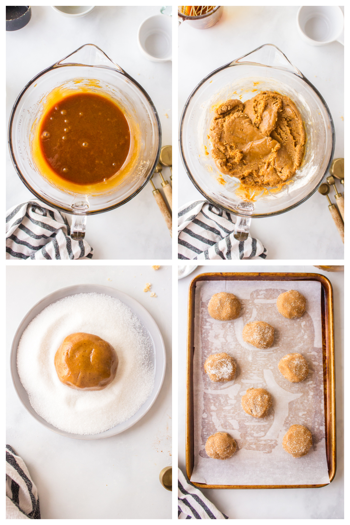 four photos showing how to make crackle top molasses cookies