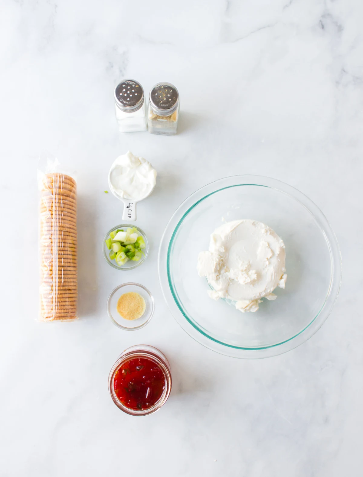 ingredients displayed for making pepper jelly cream cheese dip