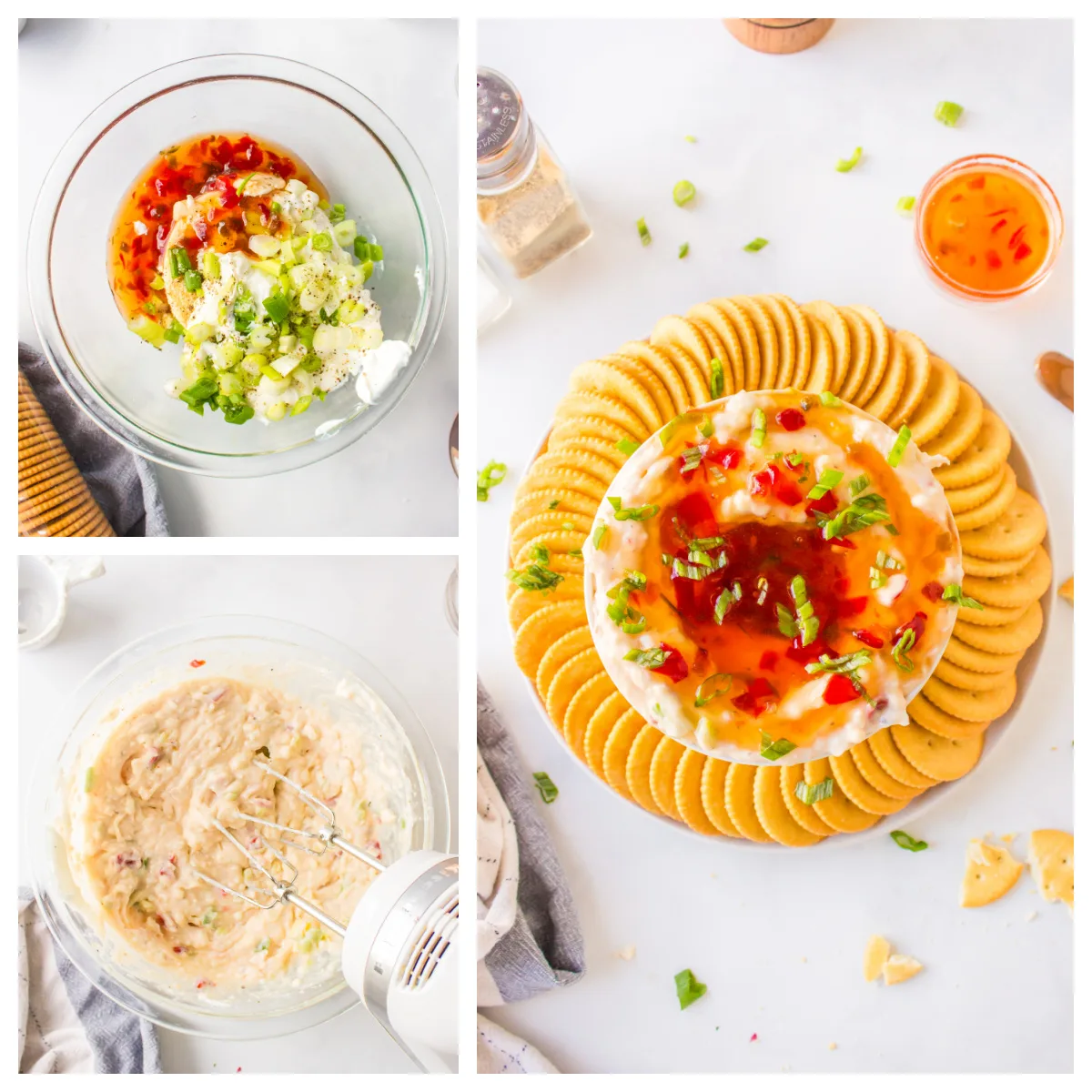 three photos showing how to make pepper jelly cream cheese dip