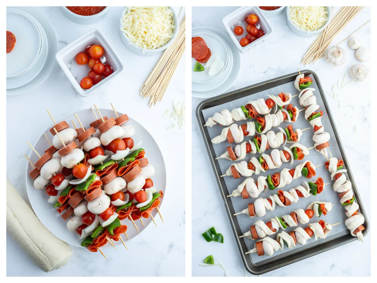 two photos showing strung pizza kabobs and then on baking sheet